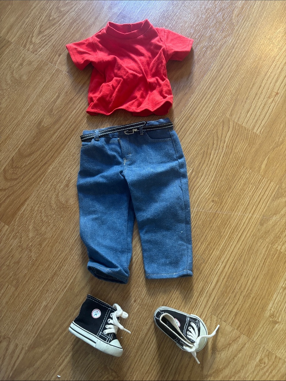 American Girl Red Tee with Blue Doll Jeans and black “converse”.